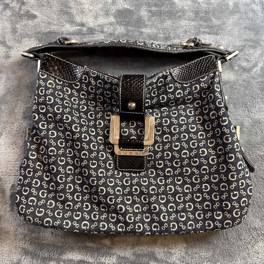 GUESS Denim Shoulder Bag Vintage Y2K Monogram Logo Handbag Blue Medium